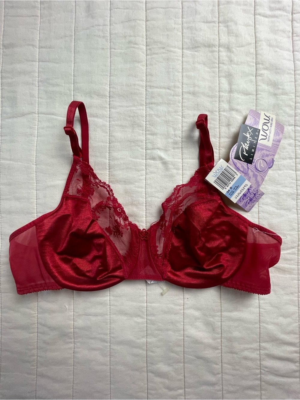 Vintage Playtex Unlined Satin Red Lace Underwire Bra 34B